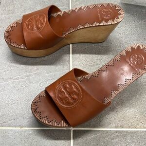 Tory Burch Tan Leather Wedge Slides